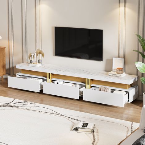 Mobile porta TV bianco a 3 cassetti - Adatto per TV fino a 90 pollici, gestione dei cavi, piano in marmo impiallacciato, 200x40x42 cm (1/5)