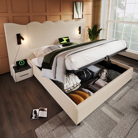 Lit double 180x200 – Lampe lecture + USB-C – Coffre – Sommier bois/métal – Beige-blanc velours côtelé – Sans matelas (1/5)