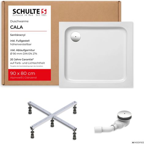 Schulte Duschwanne Cala 90x80 cm Weiß - Komplettset inkl. Fußgestell und Ablaufgarnitur, aus Hochwertigem Sanitäracryl