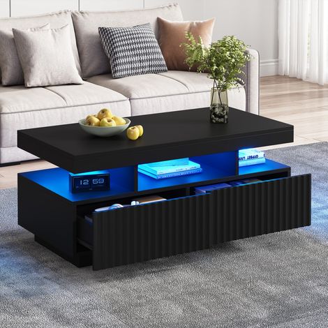 Table basse noire 100x50x45 cm thermoformée, 2 tiroirs, rayures verticales et bande LED pour salon (1/5)