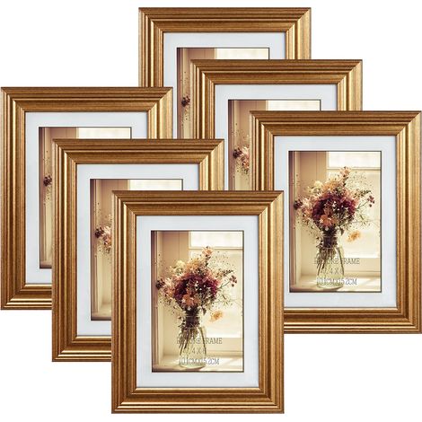 Cadre Photo 10x15 CM avec Passe-Partout, Lot de 6 Cadres Photos Dorés Peuvent Placer 13x18 CM, Cadre Photo Vintage Placer sur Table ou Accrocher au Mur (1/5)