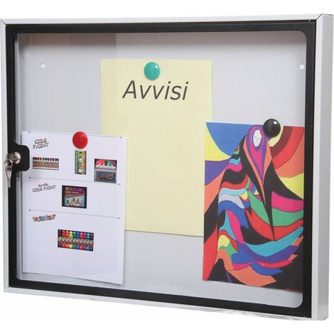 Ferramenta1.Com – Tableau d'affichage magnétique 58x6x48 cm – Tôle d'acier époxy argent et noir – Serrure à cylindre avec 2 clés