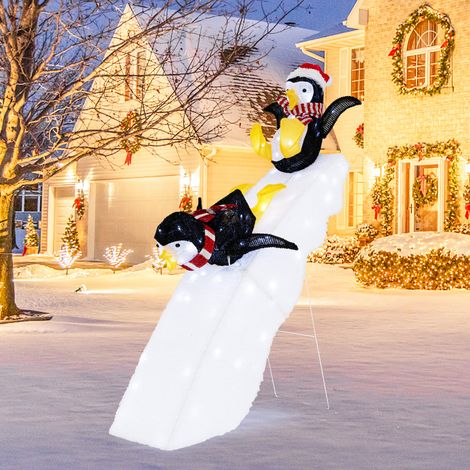 Décoration de Noël pingouins blancs sur toboggan 120 cm avec 130 LED et piquets pour jardin, terrasse et entrée (1/5)