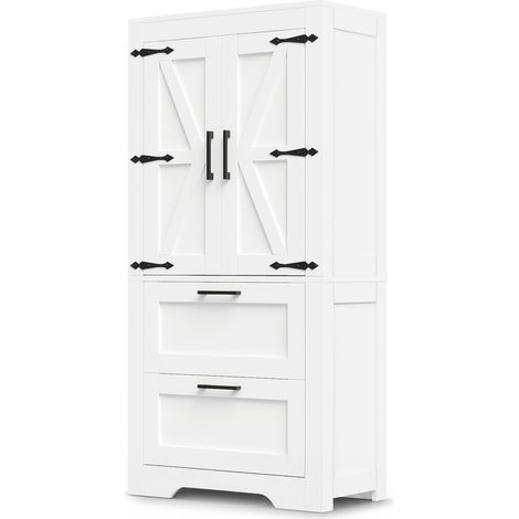 Armadio alto da cucina bianco con 2 cassetti e ripiani regolabili stile fienile (1/5)