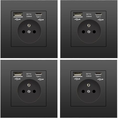 4er-Pack Wandsteckdosen mit USB und Typ-C, 5V 2,1A, europäischer Standard, Einbau-USB-Steckdosenleiste, französische Steckdosenleiste, 110-250V (schwarz)