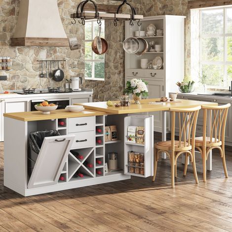 Îlot de cuisine pivotant 120-223x40x73cm - casier à vin support poubelle - mdf - blanc (1/5)