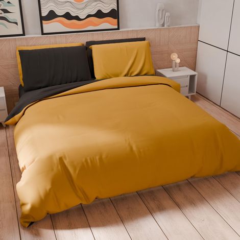 Parure de lit 220 x 200 cm (2 taies d'oreiller 80 x 80 cm incluses), Housse de Couette Douce Microfibre Couleur Unie Jaune Ocre - Noir (1/5)