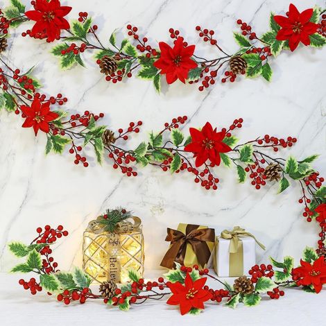 Weihnachtsgirlande 190cm mit Beeren, Tannenzapfen und Blättern für Deko