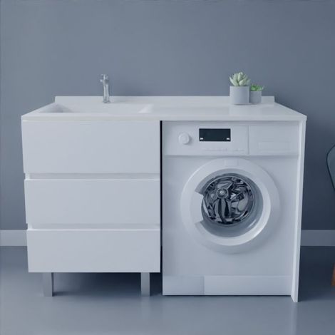 Waschmaschinenschrank KORA mit versetzter Waschtischplatte 124 cm x 65 cm Ò Weiﬂ  Ò Waschbecken links