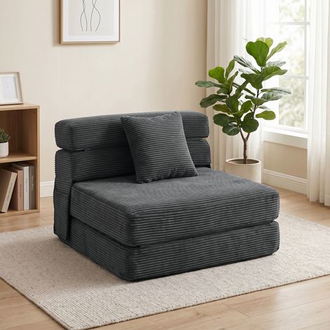 Fauteuil de sol Boneless Cloud 2 en 1, convertible en lit-fauteuil pliable, aspect velours côtelé et coussin lombaire, gris foncé (1/5)