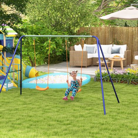 Columpio infantil con 2 asientos, estructura metálica, carga máxima 90 kg, multicolor.