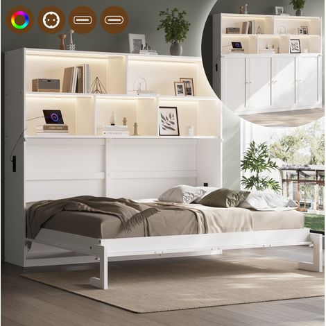 Letto a scomparsa 90/200 cm bianco con LED, USB-C e vani contenitore (1/5)