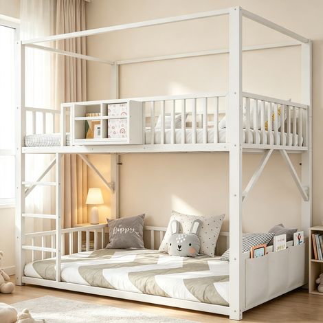 Lit superposé cabane 90 × 200 cm en métal avec toit, étagère, poche de rangement et barrières, lit enfant 2 couchages, sommiers inclus, blanc (1/5)