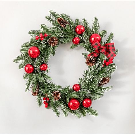 Guirlande De Noël - 45 X 45 Cm - Pour Porte Fenêtre Mur Porche Intérieur Extérieur - Boules Rouges Baies Cônes De Pin Aiguilles De Pin (1/5)