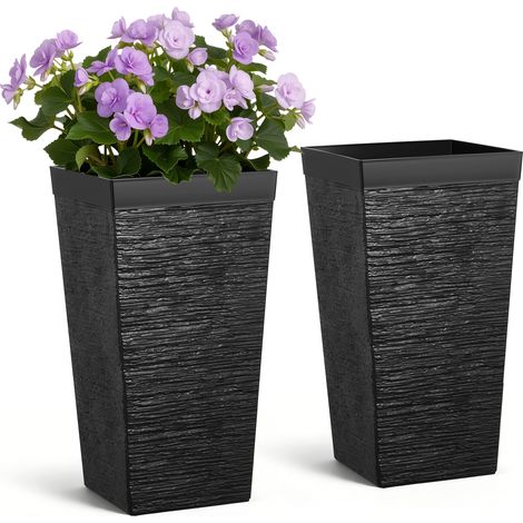 VEVOR Macetas Altas para Plantas 580 mm, Set de 2 Piezas, Maceteros Grandes para Interior y Exterior, Cónico Cuadrado, Diseño Acanalado, con Ruedas Depósito Drenaje, Plástico, para Jardín Salón, Negro (1/5)