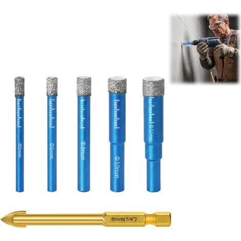 6 Pièces Forets Diamant, Foret pour Carrelage et Porcelaine 5/6/8/10/12 mm avec Foret Pilote 6 mm, pour Céramique Verre Granit Marbre Quartz, Perçage Sec et Humide pour Perceuse Meuleuse (1/5)