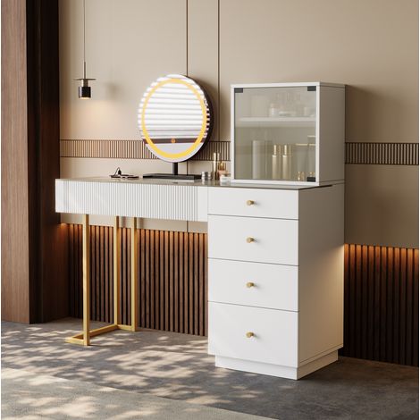 Coiffeuse LED avec miroir, plateau en verre trempé, 5 tiroirs, 1 meuble, blanche DESVIAE (1/5)