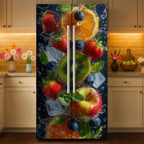2pcs Revêtement Amovible pour Réfrigérateur à Motif de Fruits Autocollant Mural en Vinyle pour Porte de Réfrigérateur/Congélateur Idéal pour la Décoration de Cuisine et de Bar (1/5)