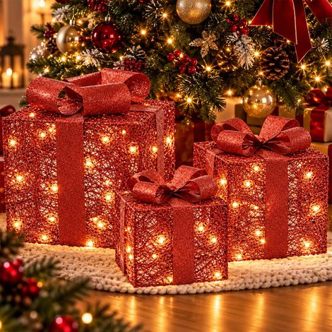 Tris Pacchi Regalo Luminosi Rosso Natale Luci Bianco Caldo Decorazioni Natalizie (1/5)