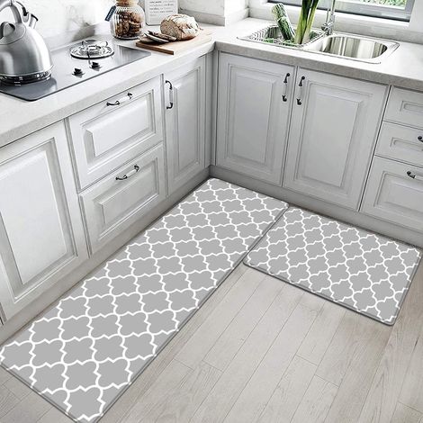 Simple and popular kitchen floor mat, anti-fatigue, PVC leather, waterproof and oil-proof, easy to clean - gray and white floral pattern - 4470CM10mm