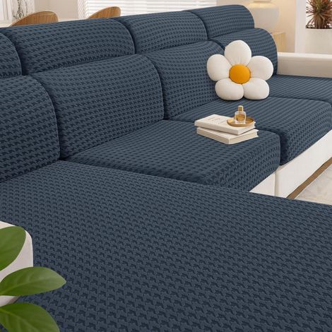 Elastischer Sitzkissenbezug für L-Sofa, 3 Sitzer + Chaiselongue, Dunkelgrau (1/5)