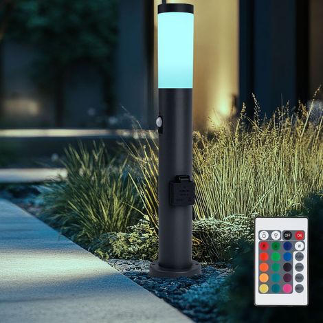 Stehlampe Garten dimmbar mit Fernbedienung Wegleuchte Außen mit Bewegungsmelder 2x Steckdose Sockelleuchte, Edelstahl Anthrazit, RGB LED 8,5W 806lm warmweiß,  IP44, H 60cm