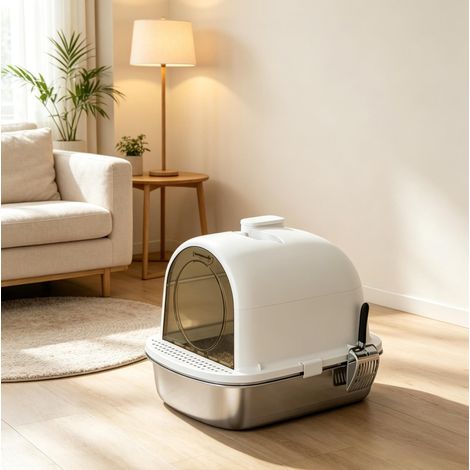 Maison de toilette fermée pour chat en acier inoxydable, 52,4 x 41,3 x 39,9 cm, blanche et argentée (1/5)