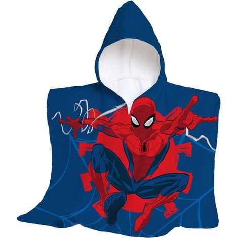 hermet, Disney, Spiderman, Telo Mare Con Cappuccio, Poncho Mare Maxi da Bambino, 60x60 cm, Asciugamano da Spiaggia o Piscina, 100% Morbido Cotone