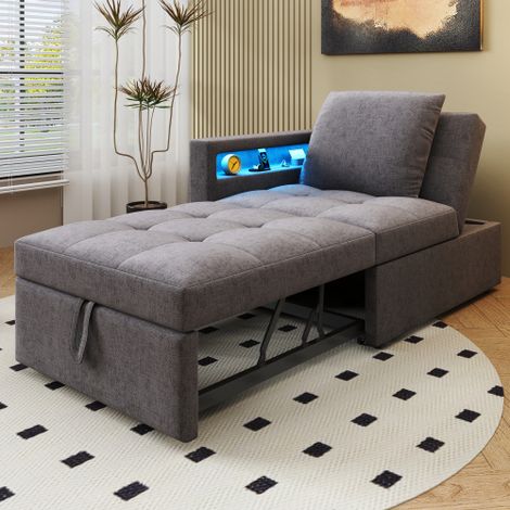 Polsterbett Schlafsofa 3 in 1 Multifunktions-Schlafsofa, Leinenstoffsofa mit verstellbarer Rückenlehne, Die Armlehne verfügt über LED-Lichtleisten und USB-/Typ-C-Anschlüsse,Liegesofa für kleine Räume