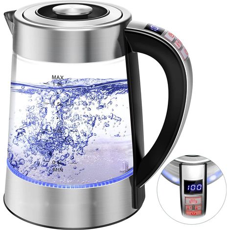 Bouilloire Électrique - Verre Borosilicaté - 1800 W - Capacité 1,8 L - Température Réglable - Maintien au Chaud Jusqu’à 24 H - Sans BPA - 1 Pièce