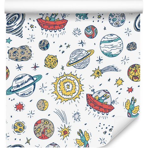 Carta da parati con pianeti, stelle e UFO per soggiorno e camera da letto, 50x1000 cm. (1/5)