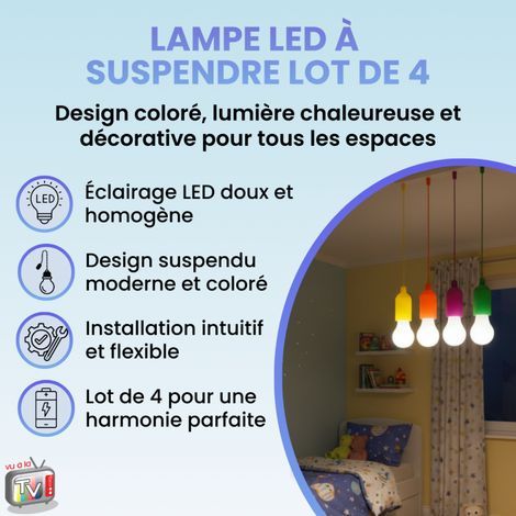 Lot de 4 lampes LED suspendues – Couleurs magenta, vert, orange, jaune – Installation sans fil – Interrupteur à tirette – Parfaites pour fête ou guirlande intérieure