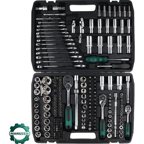 Manuzen - Coffret mécanique 216 pièces – cliquets 1/4″, 3/8″ et 1/2″ – Coffret 216 pièces – 8″ + 1 (1/3)