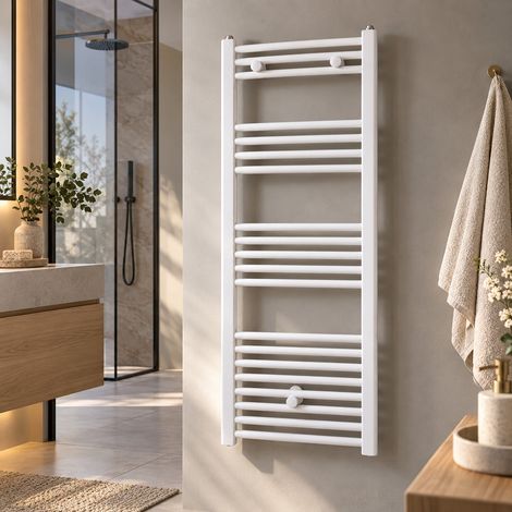 Stano. – Radiateur sèche-serviettes eau chaude 120 x 50 cm – Acier blanc RAL 9016 – Tubes ronds Ø 21 mm – Puissance 370 W pour salle de bain (1/5)