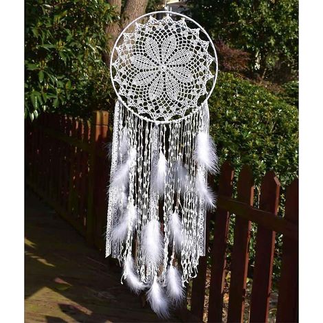 attrape-rves De 30 Cm Avec Plume Blanche En Dentelle Suspendre Au Mur Pour Mariage Vintage Ou Dcoration D'intrieur - Longueur Totale 100 Cm De Lo (1/5)