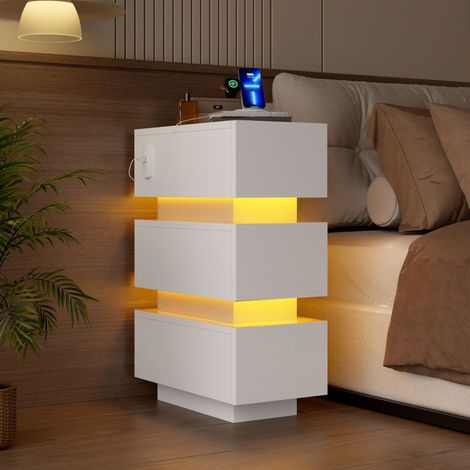 Mesita de noche estrecha juego de 2 - 20x40x59,5 cm con enchufe usb tipo-c y led - 3 cajones para dormitorio pequeño mesa auxiliar madera blanco (1/5)