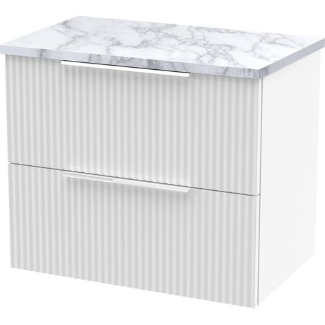 Hudson Reed Fluted Wall Hung 2-Drawer Vanity Unit with Carrera Marble Worktop 600mm Wide - Satin White (1/3)