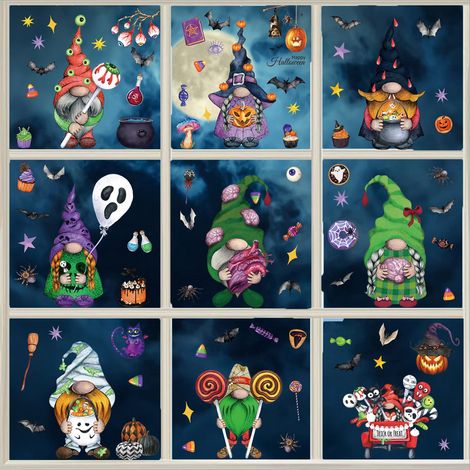 Autocollants pour fenêtres d'Halloween - Stickers statiques double face avec nains de dessin animé et éléments effrayants, décoration de verre amovible pour une décoration festive d'Halloween