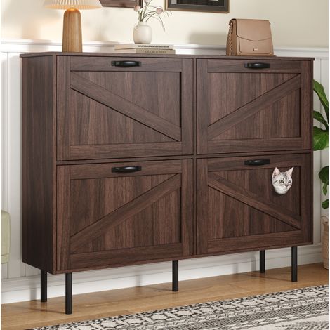 Schuhschrank aus Spanplatte in Natur-Walnuss 120 x 28 x 92 cm, 4 Türen, 3 Klappen und Fach mit Katzenspielzeug (1/5)