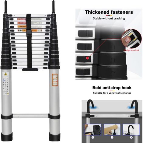 Aluminum ladder with 15 steps and secure hooks, total height 6.2m, wide step 4cm, optimal stability.