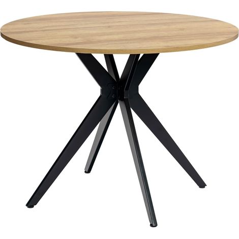 Table Salle à Manger Ronde Vintage 4 Personnes pour Salon Cuisine Bureau, en Bois d'ingénierie et Métal, Chêne + Noir, 110x110x76cm