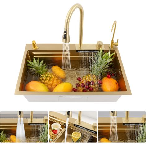 Évier de cuisine doré, évier de cuisine avec bec cascade, robinet coulissant, évier de cuisine moderne en acier inoxydable (75 x 46 cm) (1/5)