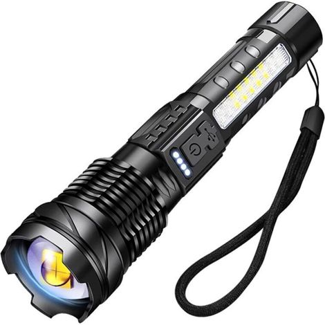 Lampe torche puissante rechargeable 4500 mAh, éclairage extérieur multifonction COB avec 7 modes, avertisseur rouge/bleu et charge rapide USB-C (1/4)