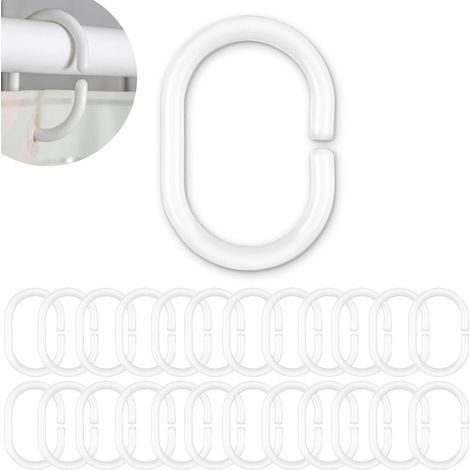 24 Anneaux de douche, Plastique robuste, Blanc, 46x29mm, Pour tringles de bain