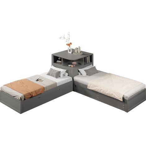 CHICFURN Cama plataforma 90x200 cm gris de MDF y pino con cama nido, almacenaje y luz nocturna (1/5)