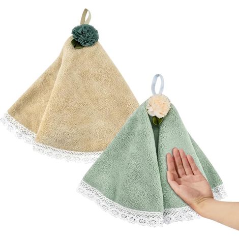 Lntyq 2PCS Essuie Main, Essuie-Mains de Salle de Bain Essuie-Mains de Cuisine avec Anneaux Serviette Suspendue en Polaire Corail, Doux et Absorbants, Serviettes à Main Torchon Cuisine Rond 5050cm
