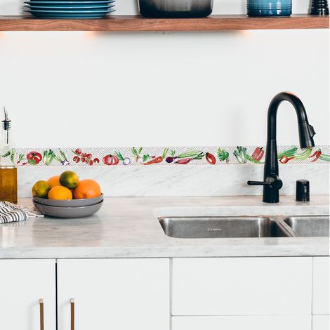 Frise adhésive décorative Autocollante et veloutée - 5 cm x 300 cm - Motif graphique et légumes colorés - Décoration murale pour intérieur. (1/2)