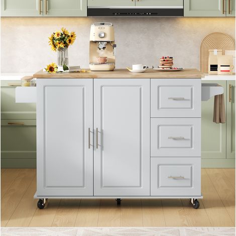 Isola da cucina mobile 137/43(76) cm grigio con piano pieghevole, 3 cassetti e porta asciugamani (1/5)