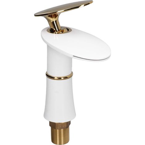 Robinet de salle de bain G1/2, robinet cascade monotrou pour lavabo, idéal pour la maison ou le bureau, blanc et or, style court avec poignée dorée. (1/5)