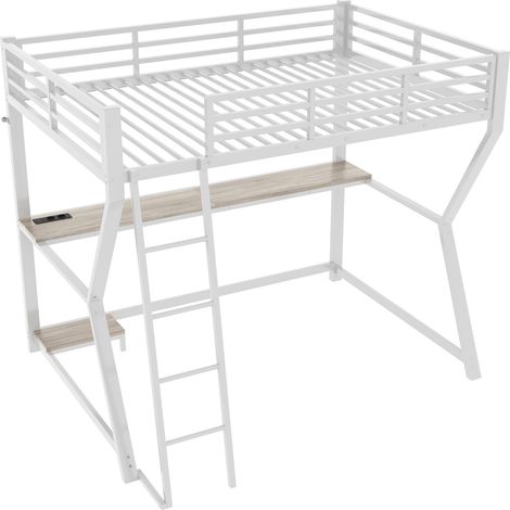 Cama alta 90 x 200 cm con LED, escritorio, enchufe USB y estante para ordenador, blanco (1/5)